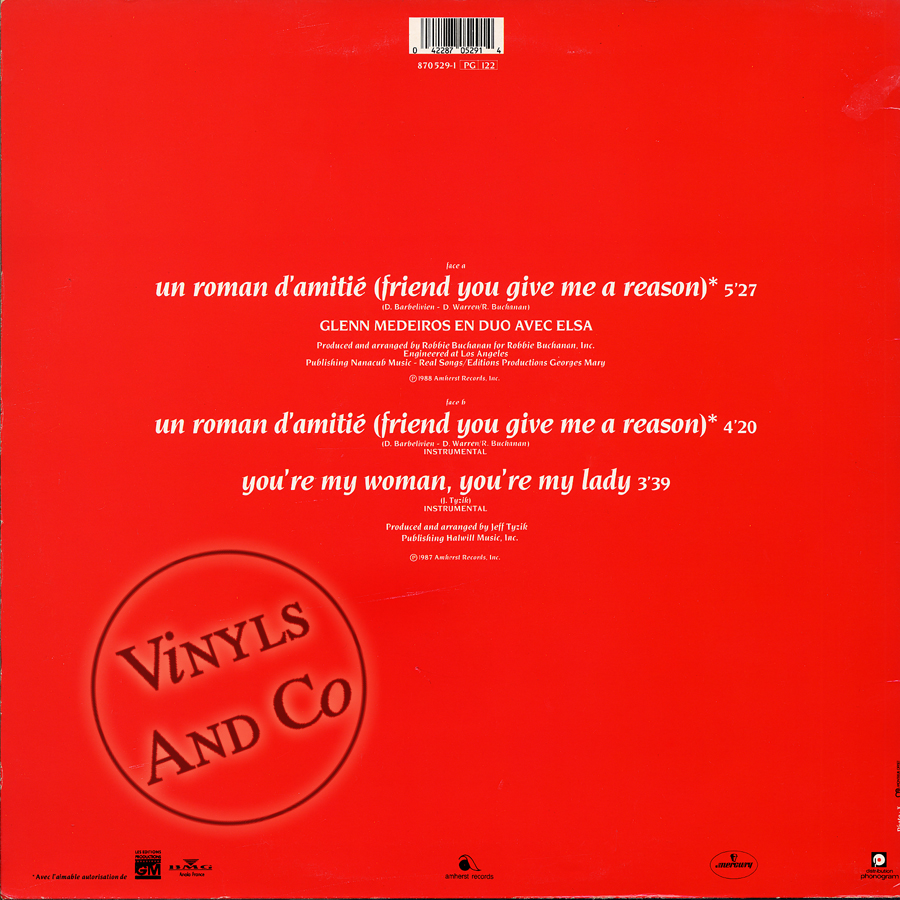 Paroles Un Roman D'amitié Elsa Et Glenn Medeiros GLENN MEDEIROS & ELSA - Un Roman D'Amitié - MAXI 45 TOURS - 1988 - 12